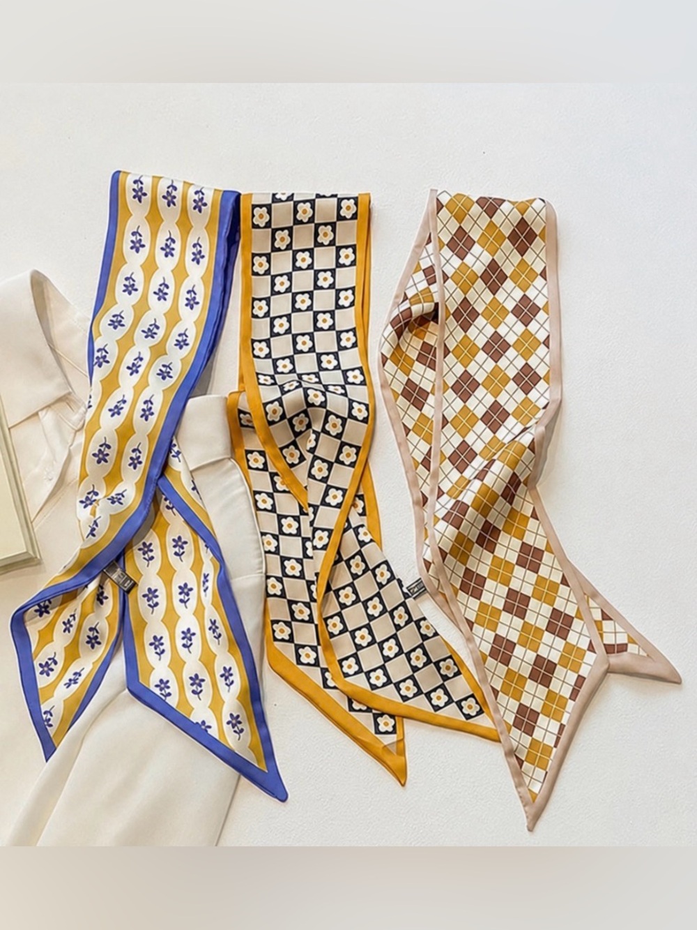Set of 3 Patterned Satin Twilly Skinny Scarves- 34”